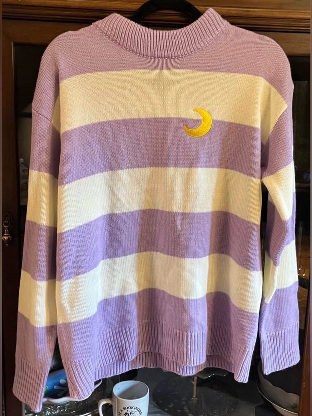 Striped Lavender & Cream Crewneck Sweater with Crescent Patch